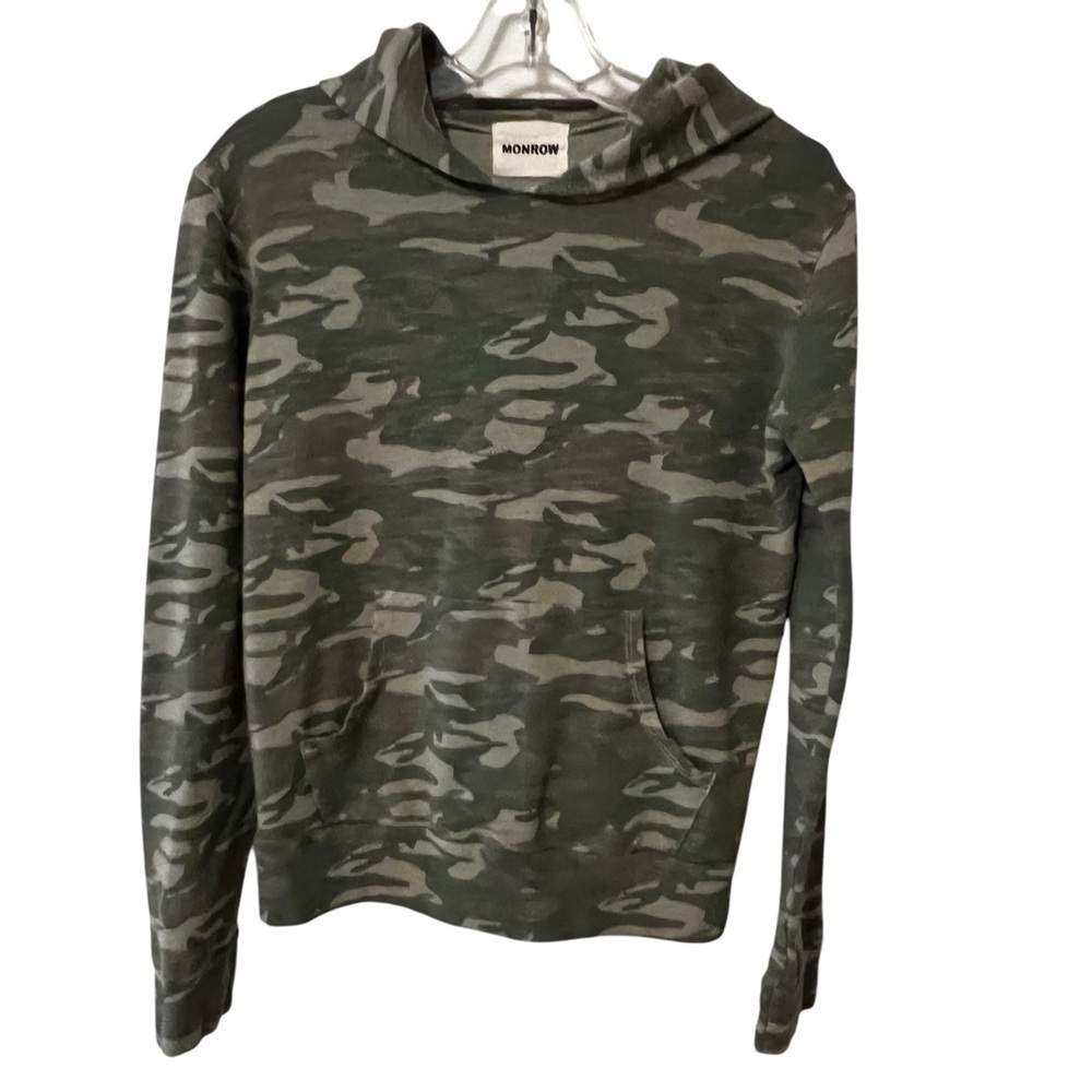 Monrow Pullover Hooded Sweatshirt Top Green Camo XS Lounge soft cozy athleisure
